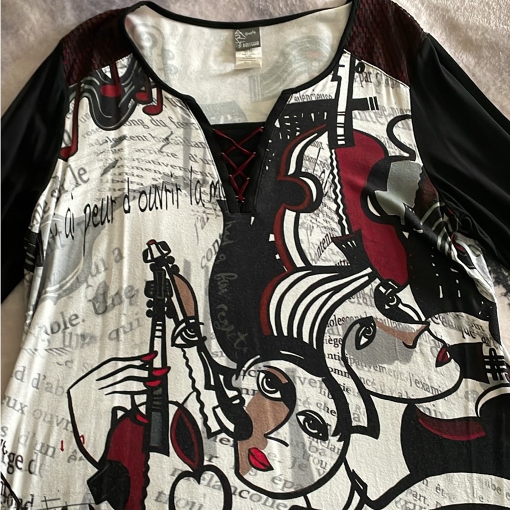 Cream and Black Graphic Blouse with Artistic Design